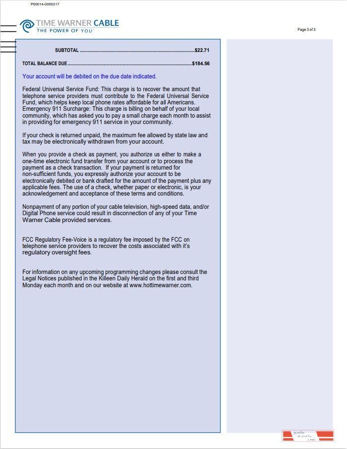 USA Time Warner Cabel utility bill, Word and PDF template, 3 pages 3